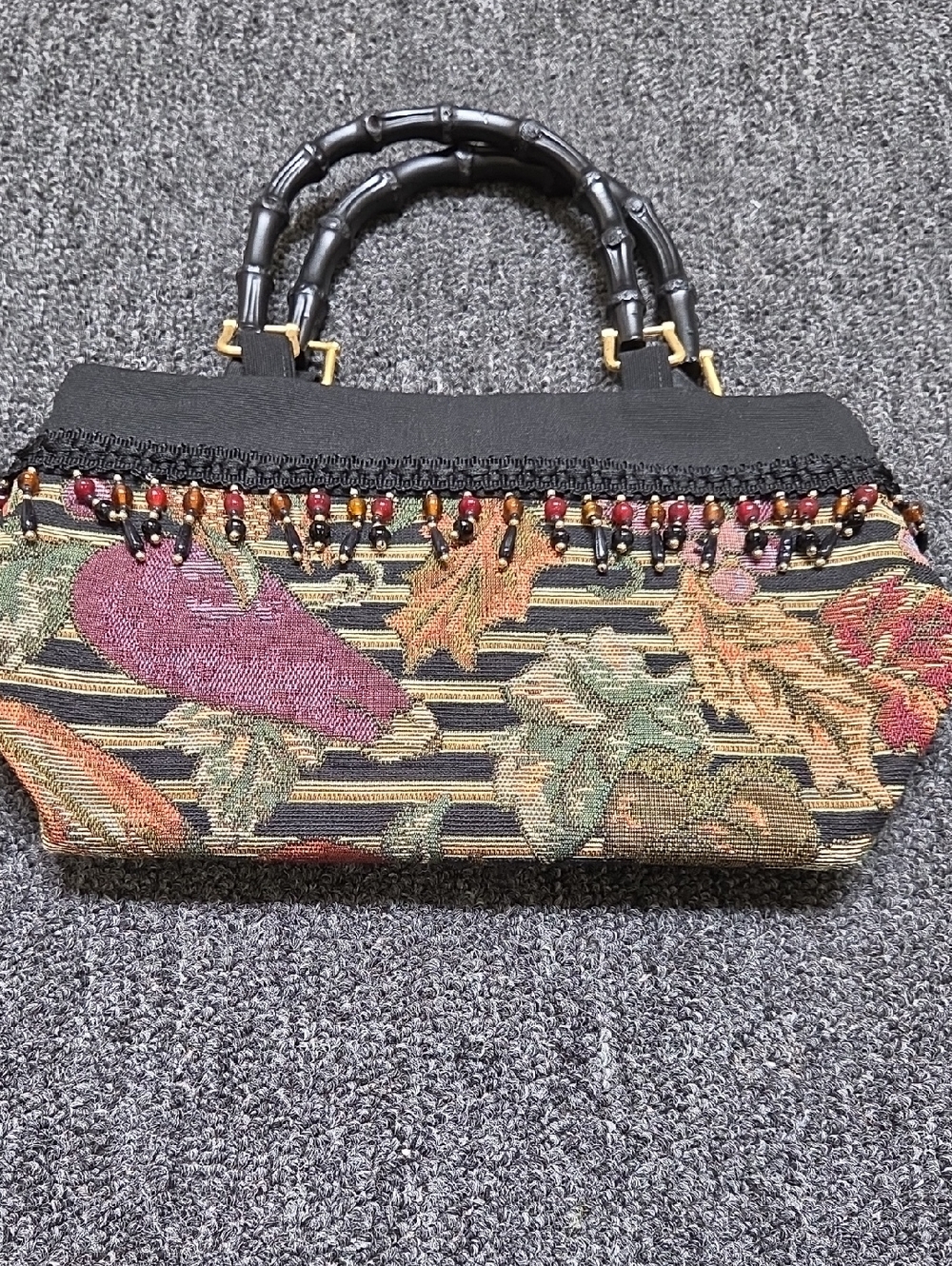 Black Floral Tapestry Handbag with Bead Trim